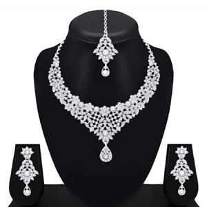 Minimal Necklace Earrings Maangtika Cubic Zirconia/American Diamond Silver Plated Ethnic Party Jewellery Set