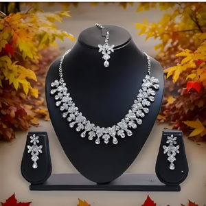 Floral Necklace and Earrings Cubic Zirconia/American Diamond Rhodium Plated Ethnic Jewellery Set